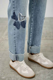 High Rise Star & Heart Patched Dad Jean W/stretch