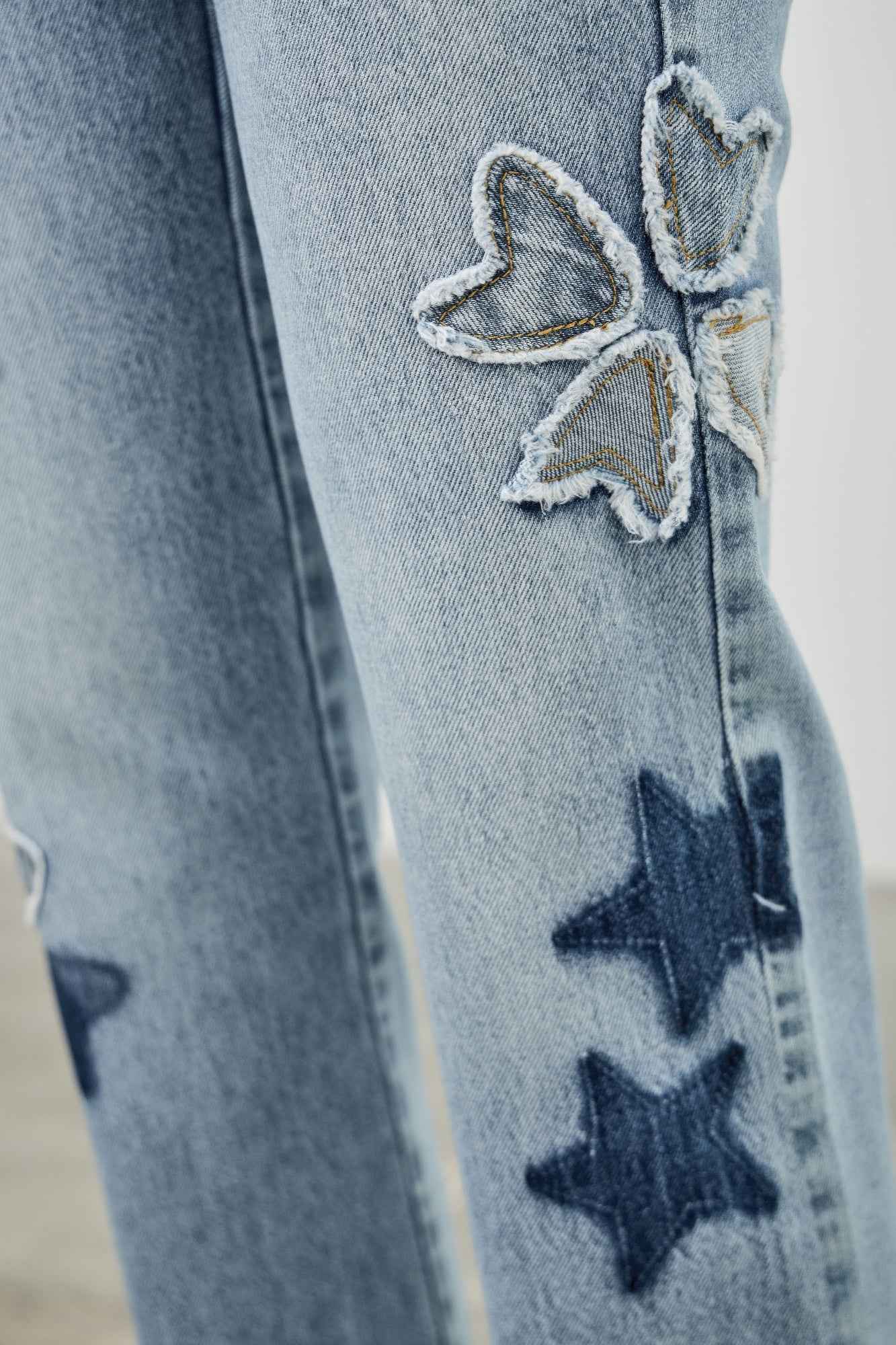 High Rise Star & Heart Patched Dad Jean W/stretch