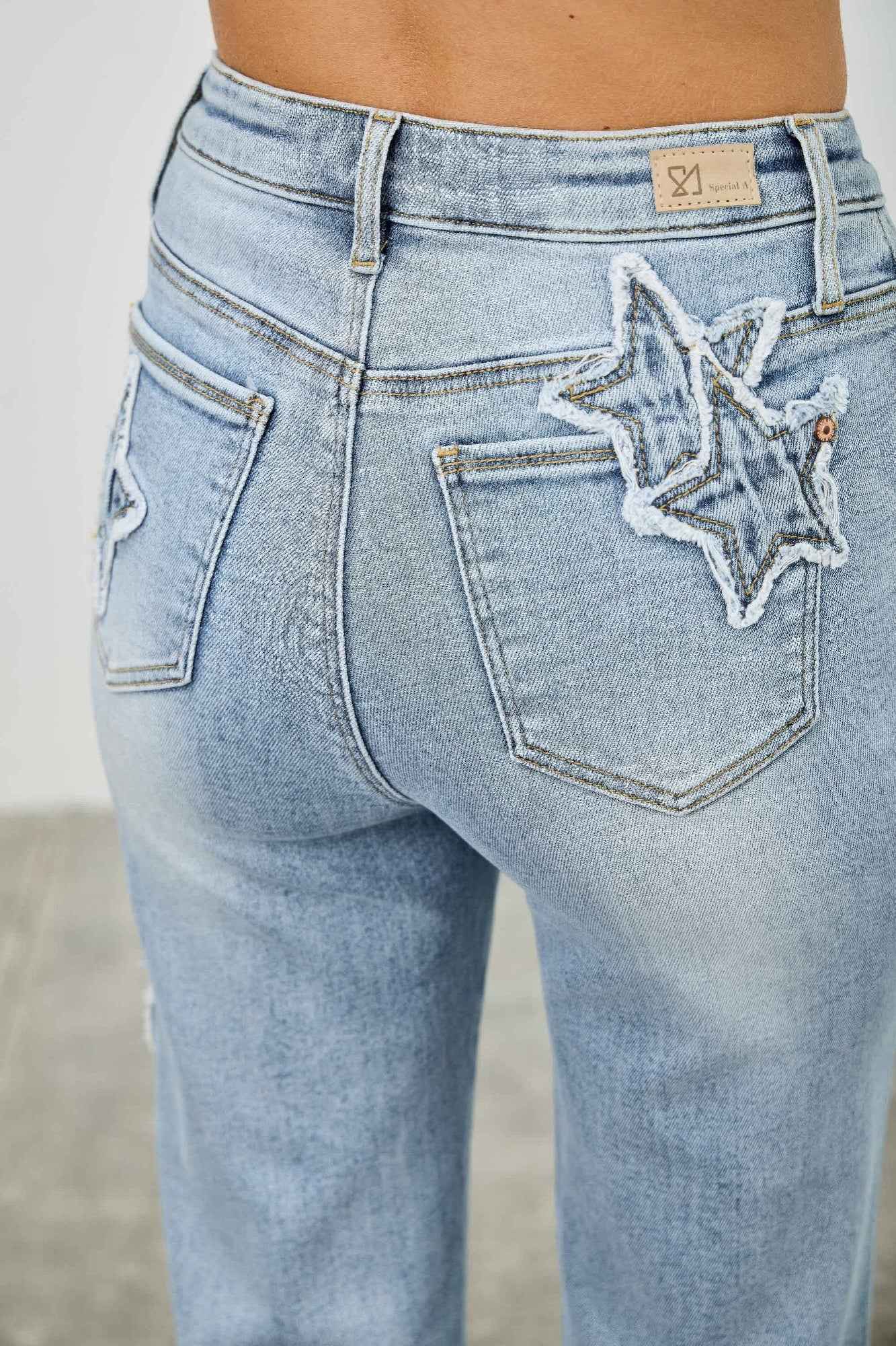 High Rise Star & Heart Patched Dad Jean W/stretch