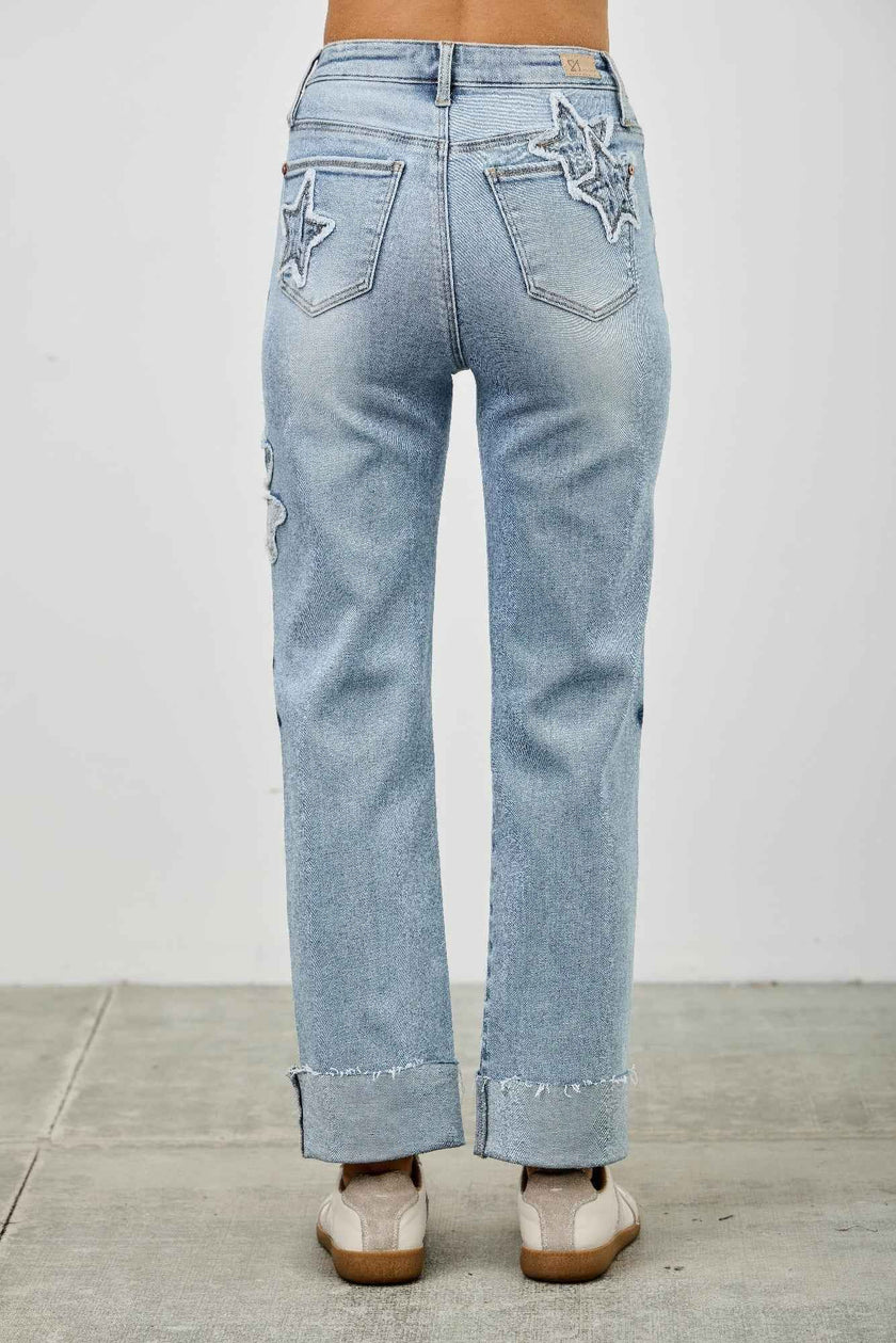 High Rise Star & Heart Patched Dad Jean W/stretch