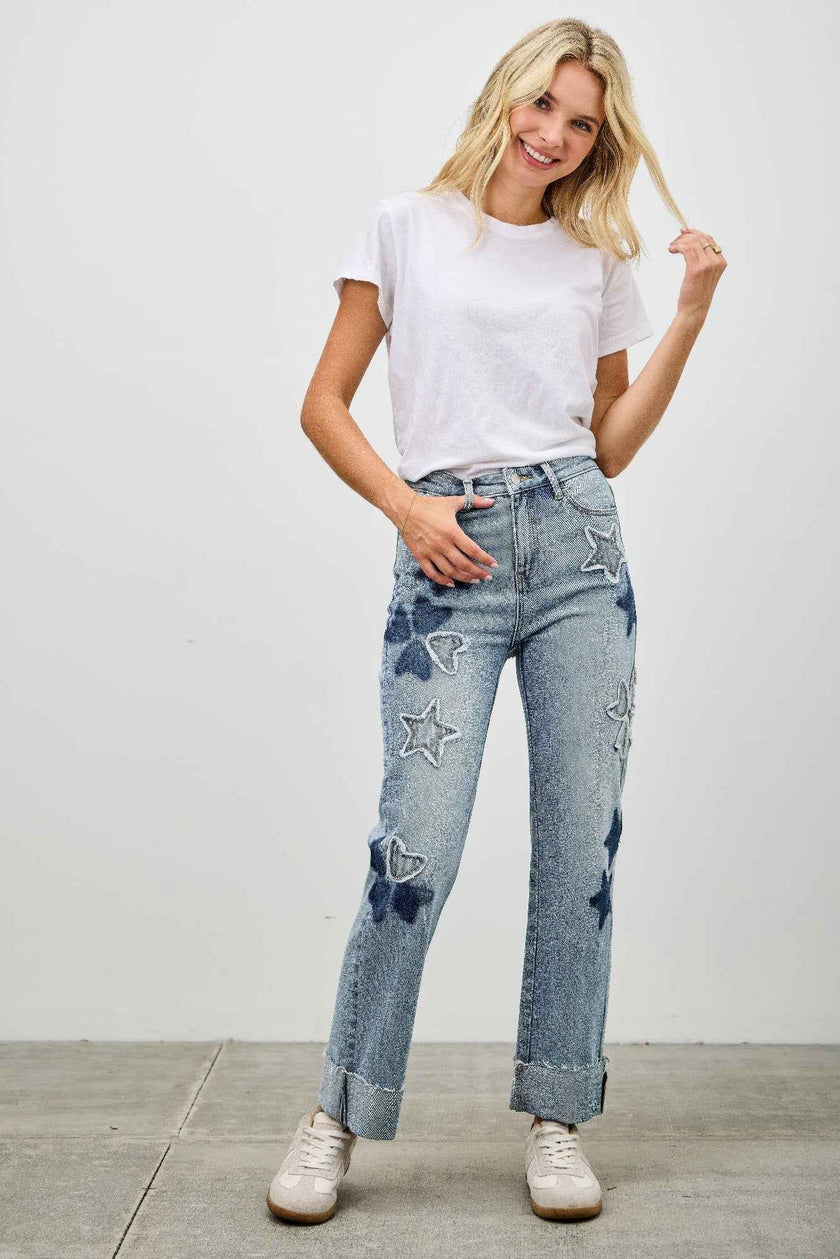 High Rise Star & Heart Patched Dad Jean W/stretch