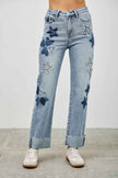 High Rise Star & Heart Patched Dad Jean W/stretch
