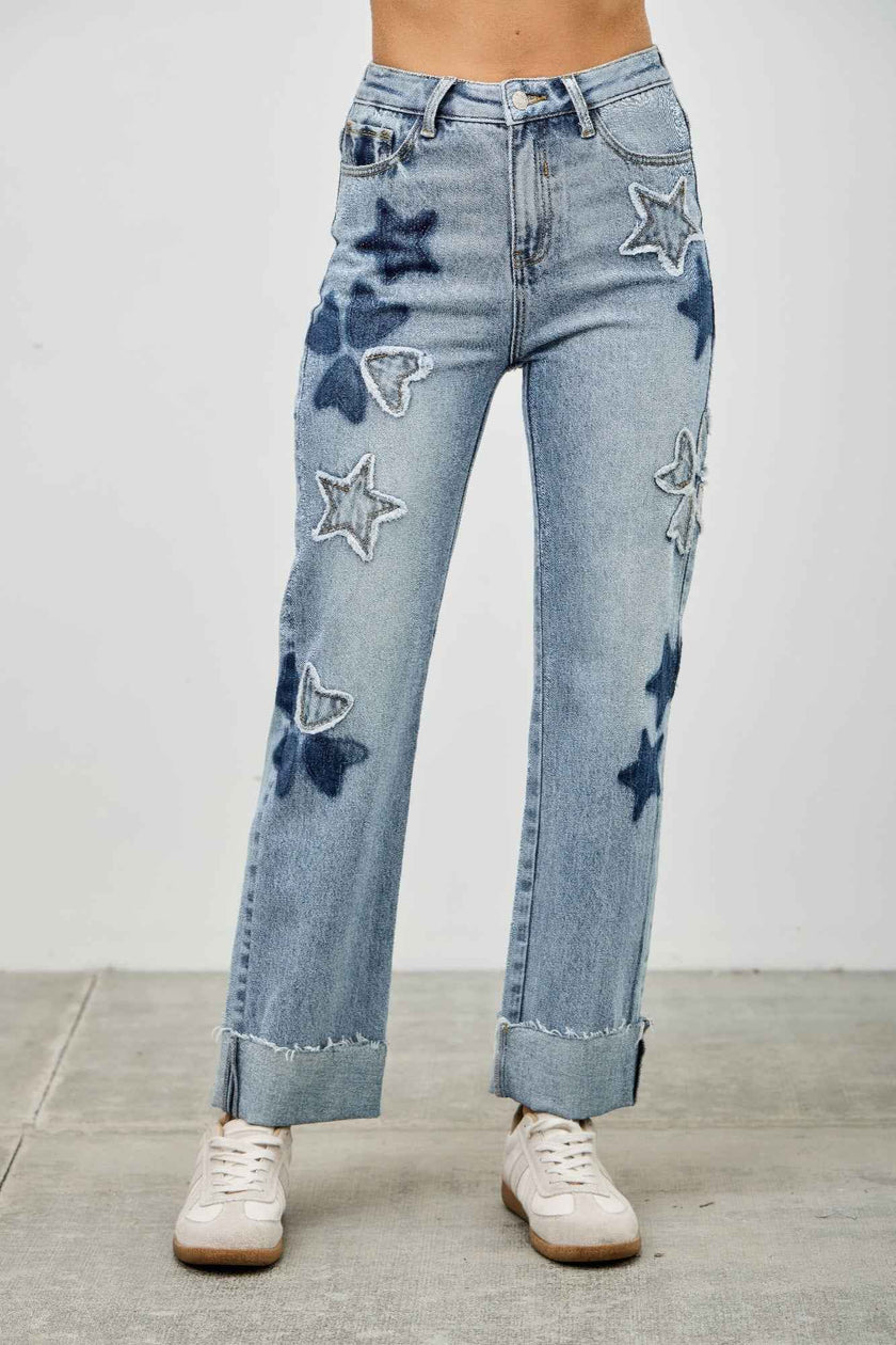 High Rise Star & Heart Patched Dad Jean W/stretch