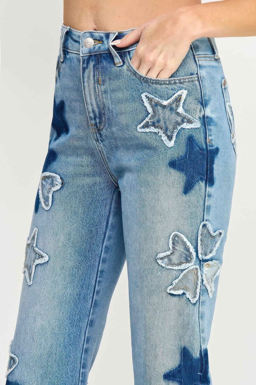 High Rise Star & Heart Patched Dad Jean W/stretch
