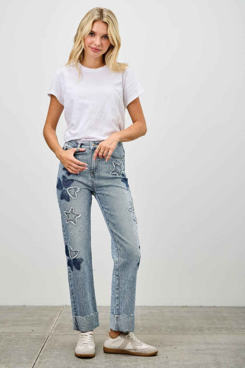 High Rise Star & Heart Patched Dad Jean W/stretch