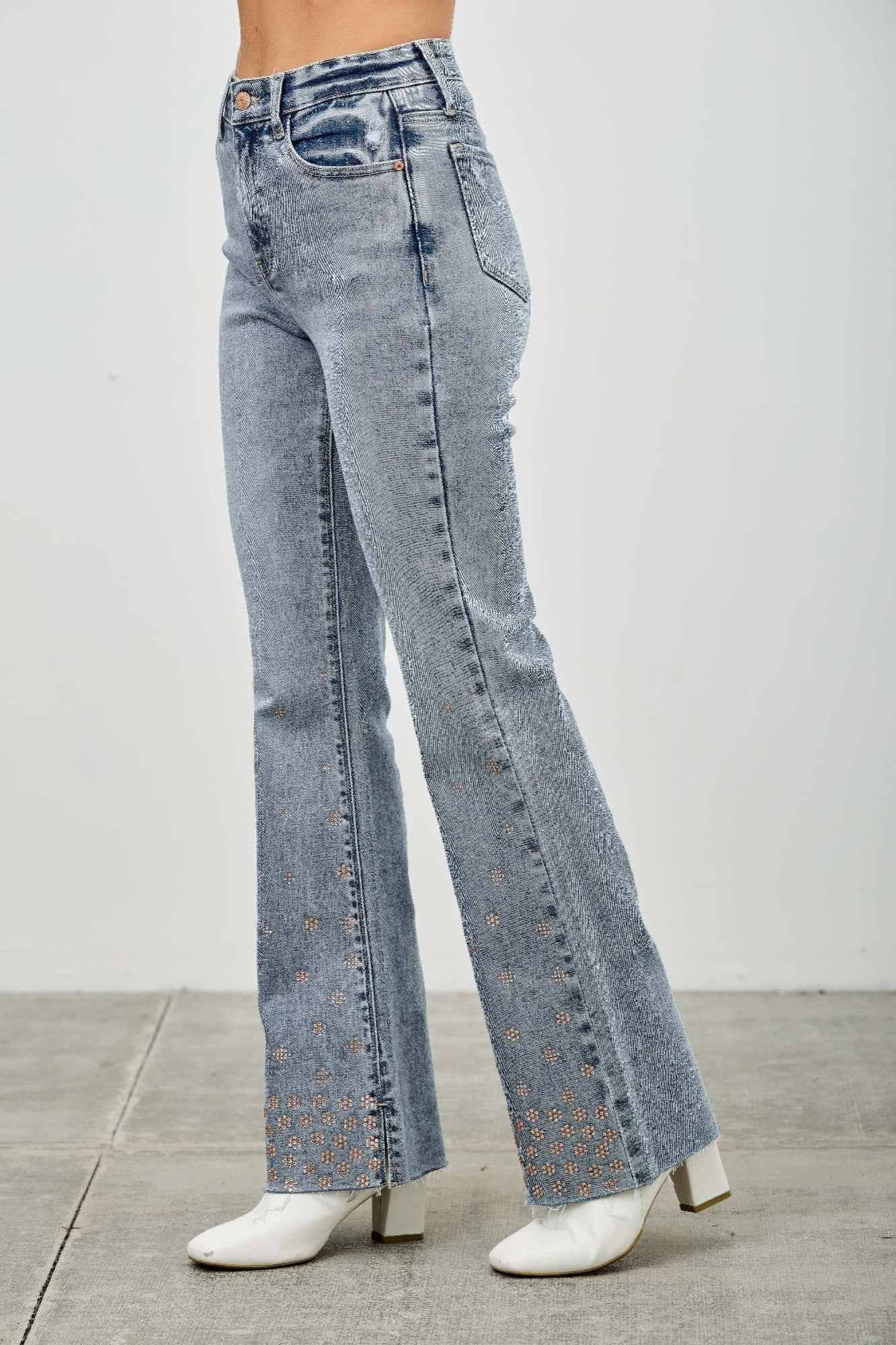 High Rise Kick Flare With Rhinestone