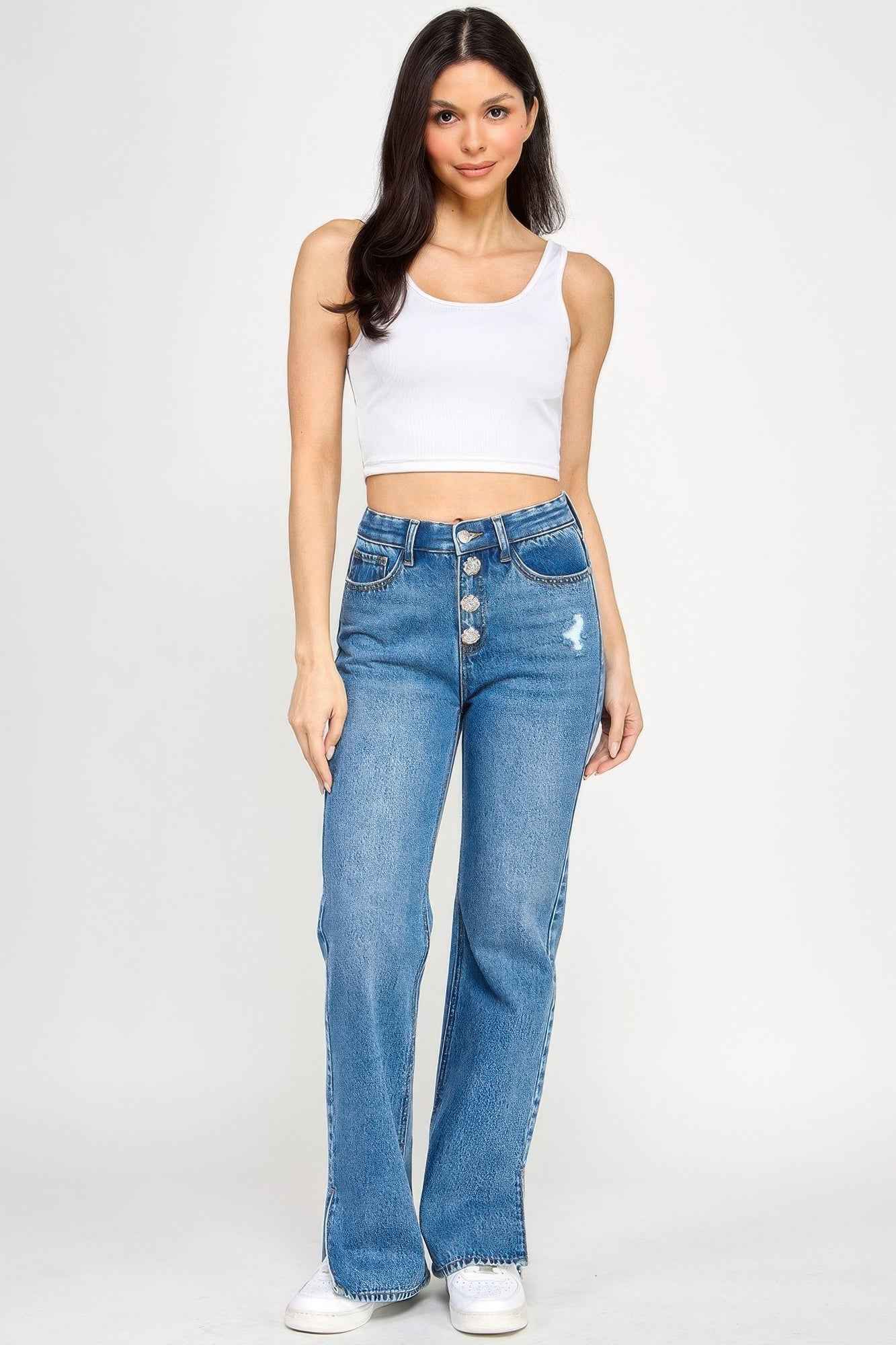 Plus High Rise Straight With Jewel Buttons