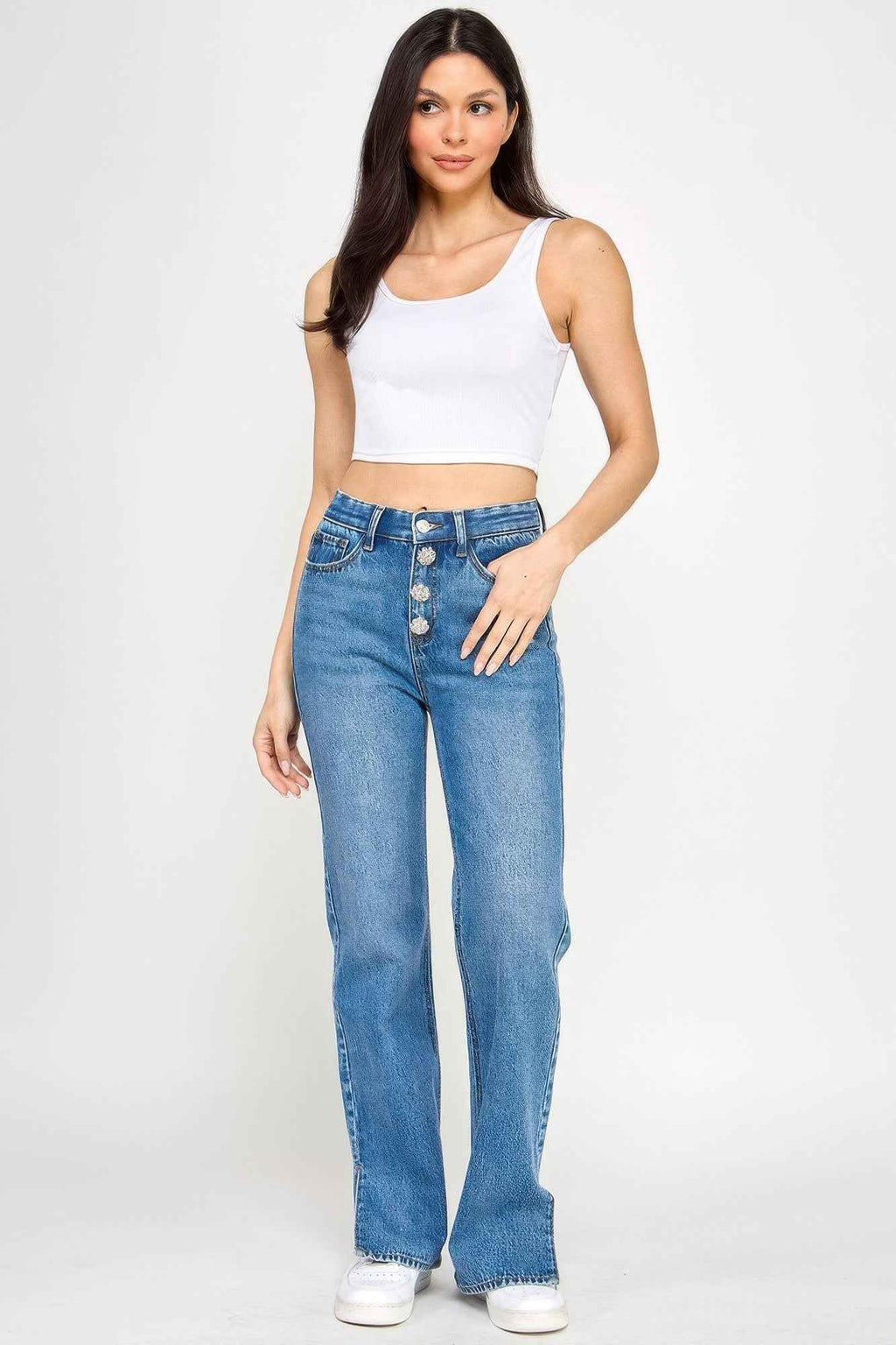 Plus High Rise Straight With Jewel Buttons