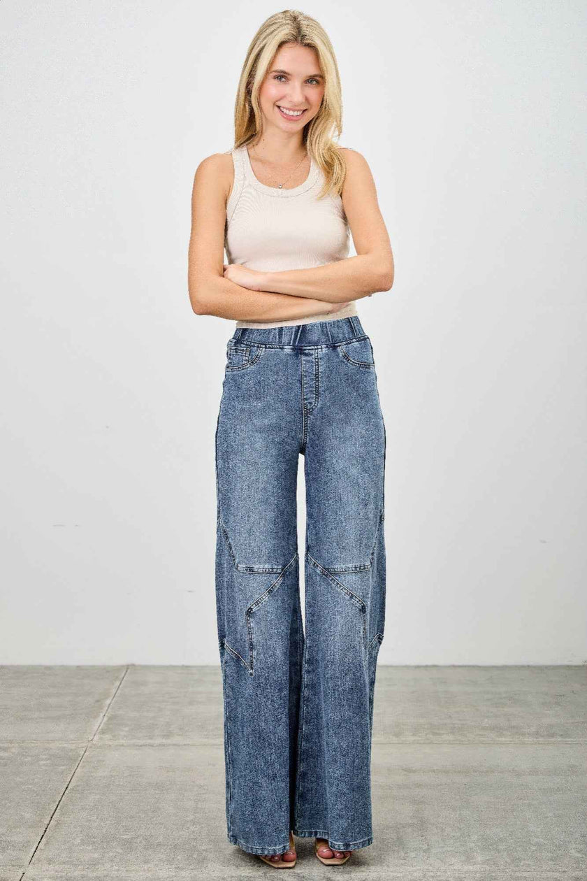 High Rise Star Pull On Knit Denim With Wide Leg