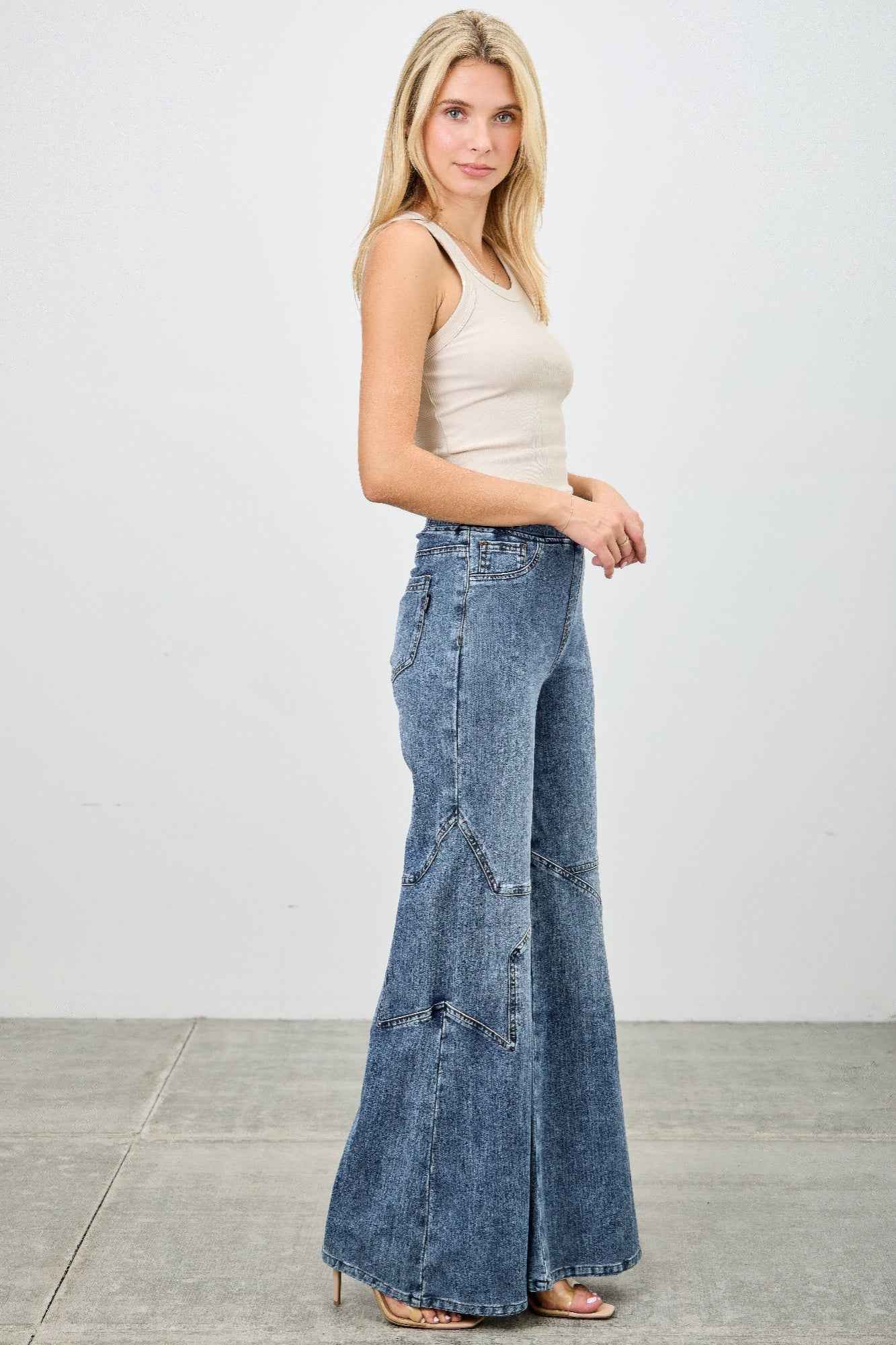 High Rise Star Pull On Knit Denim With Wide Leg