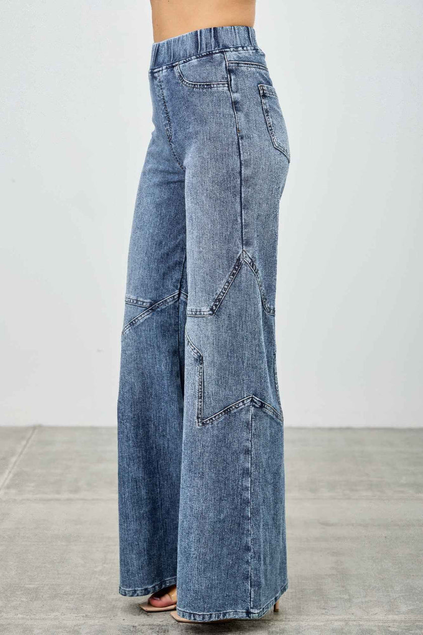 High Rise Star Pull On Knit Denim With Wide Leg