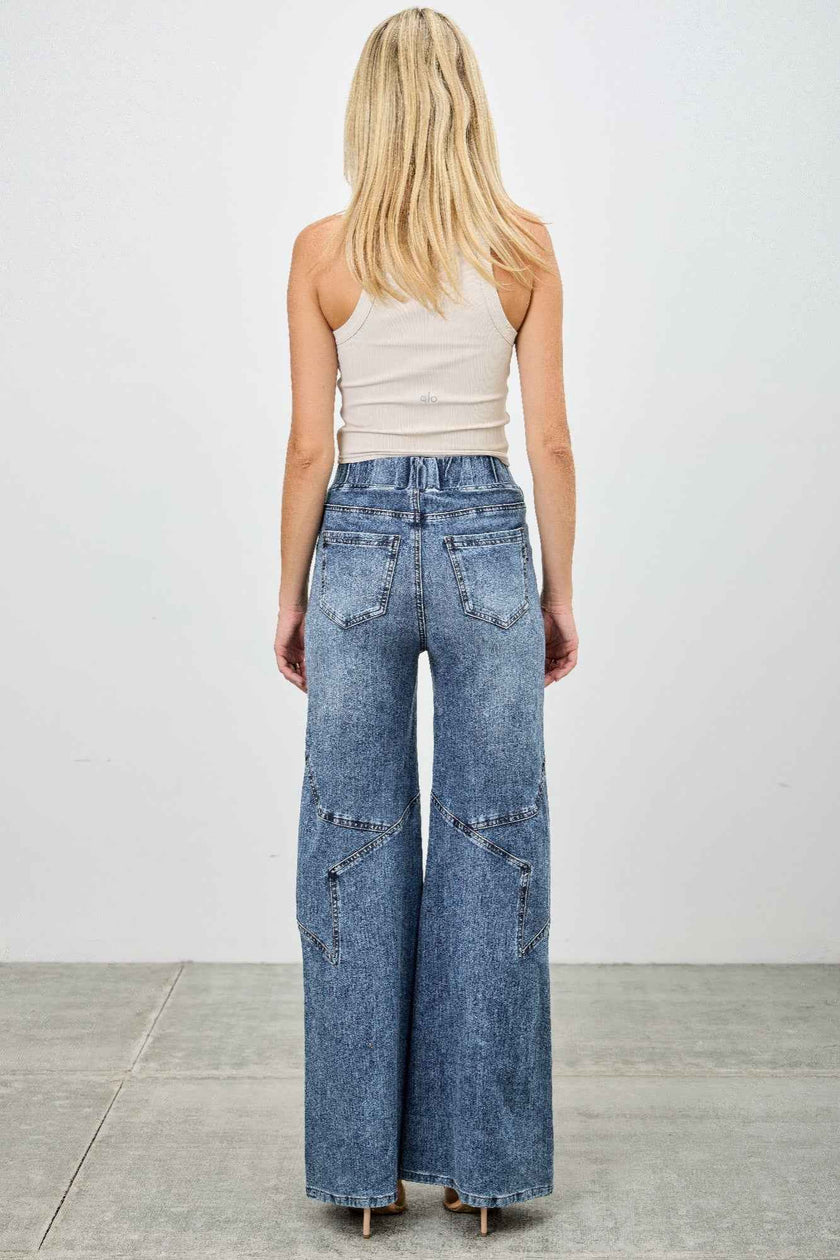 High Rise Star Pull On Knit Denim With Wide Leg