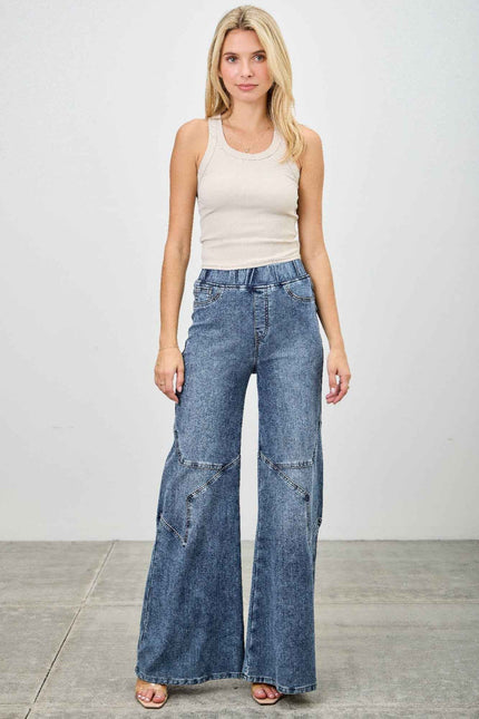 High Rise Star Pull On Knit Denim With Wide Leg