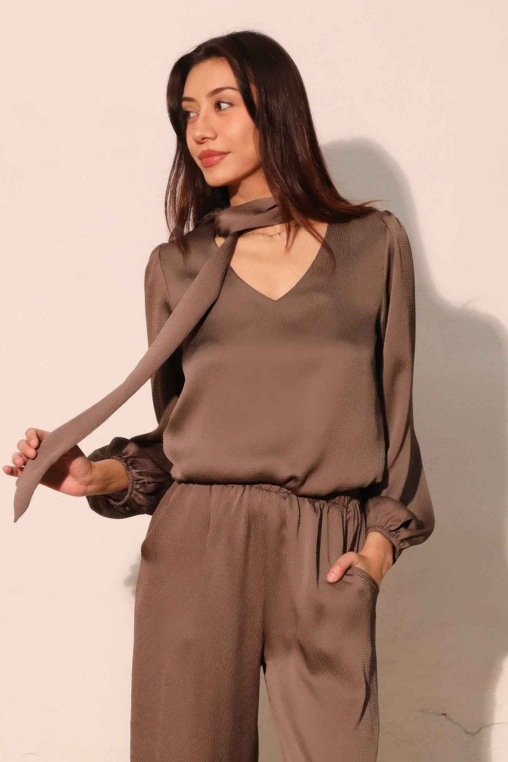 Hammered Satin Tie Neck Bubble Top
