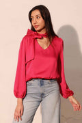 Hammered Satin Tie Neck Bubble Top