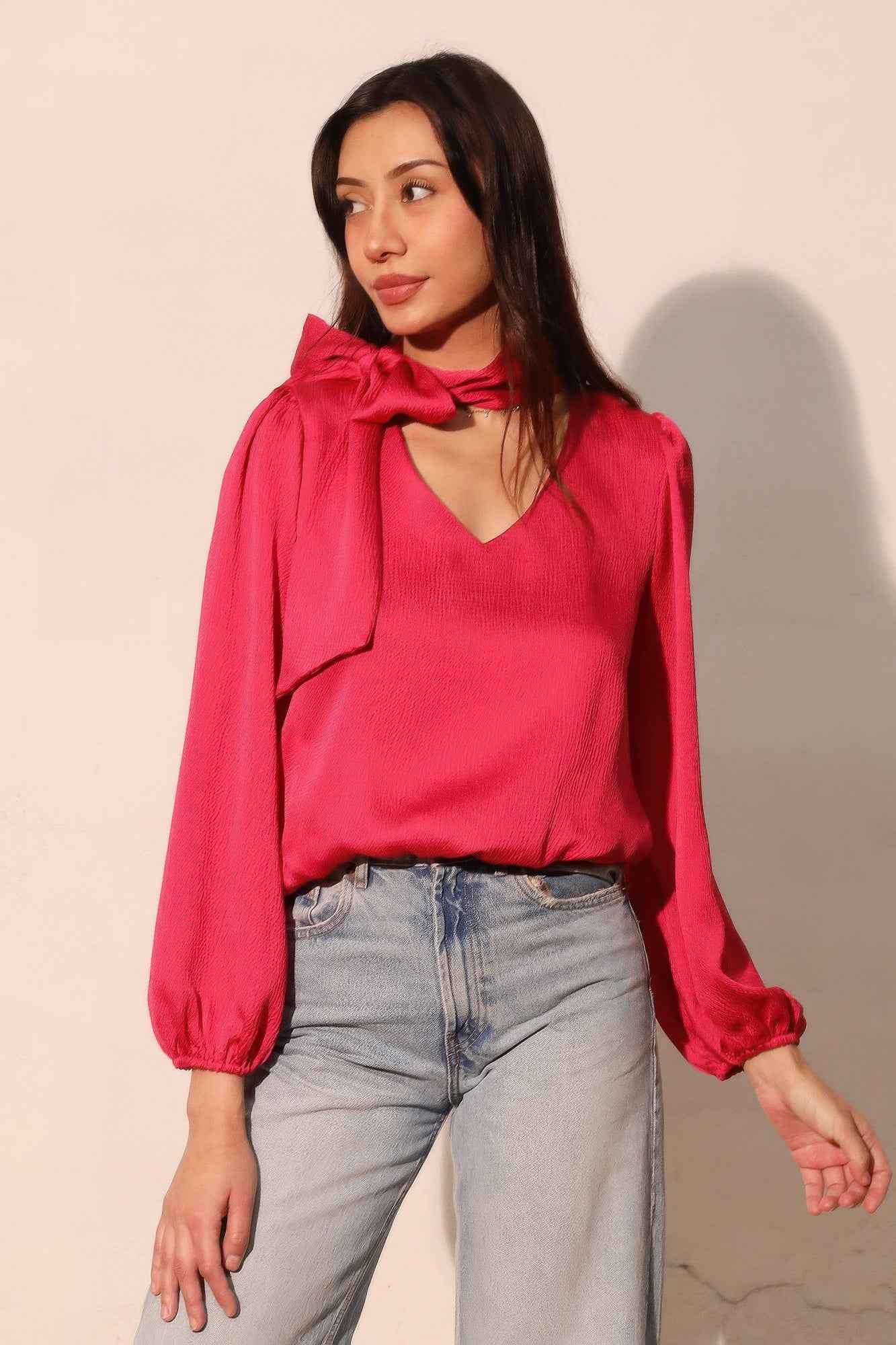 Hammered Satin Tie Neck Bubble Top