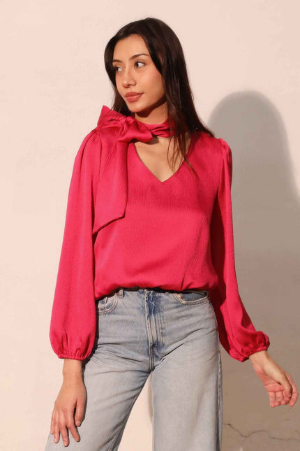 Hammered Satin Tie Neck Bubble Top