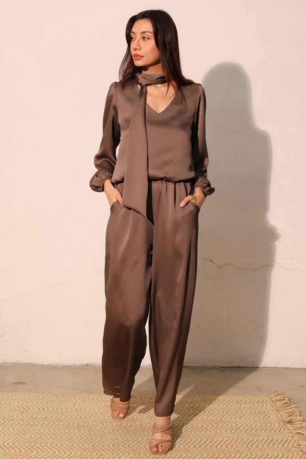 Hammered Satin Tie Neck Bubble Top