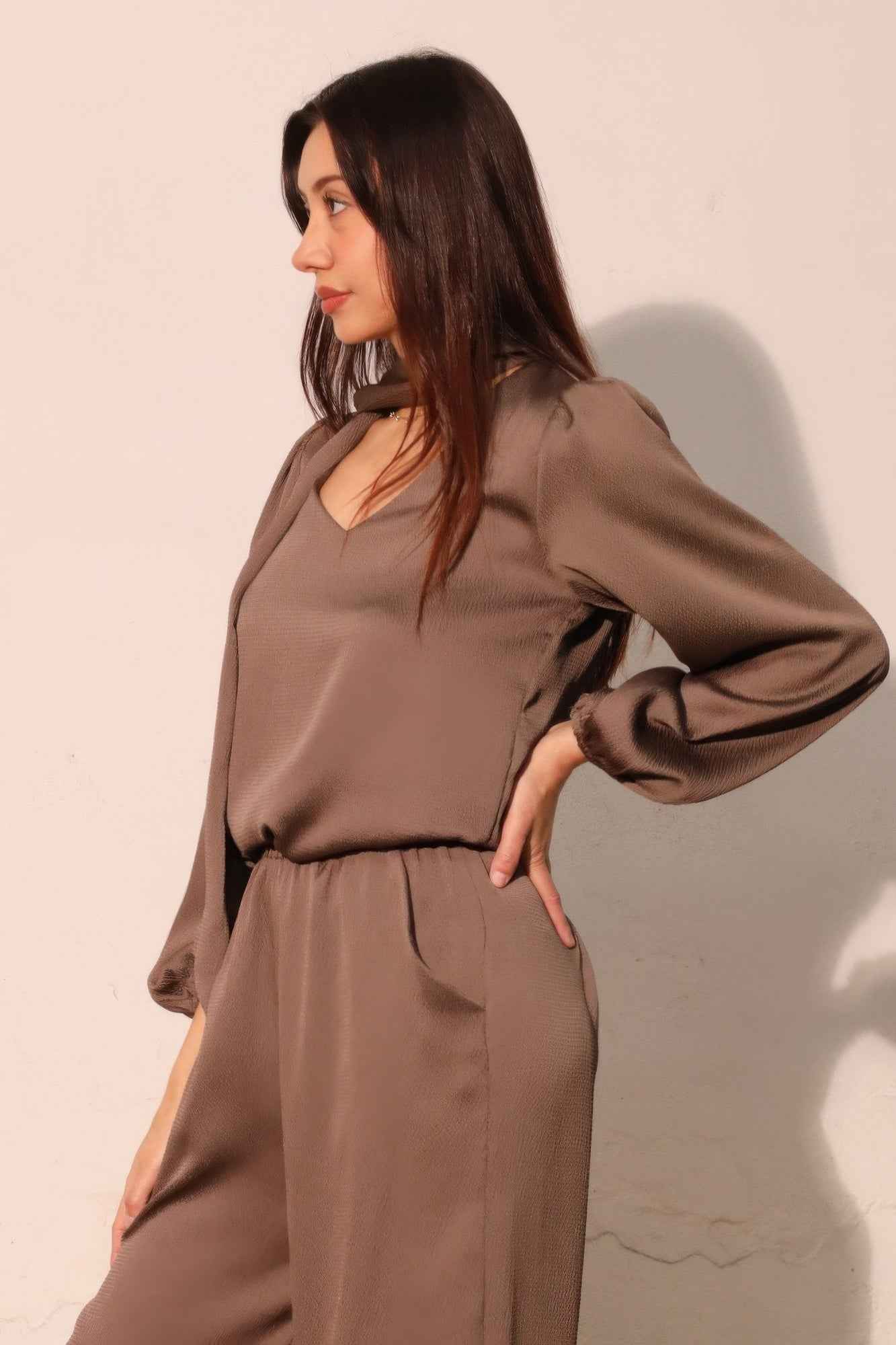 Hammered Satin Tie Neck Bubble Top