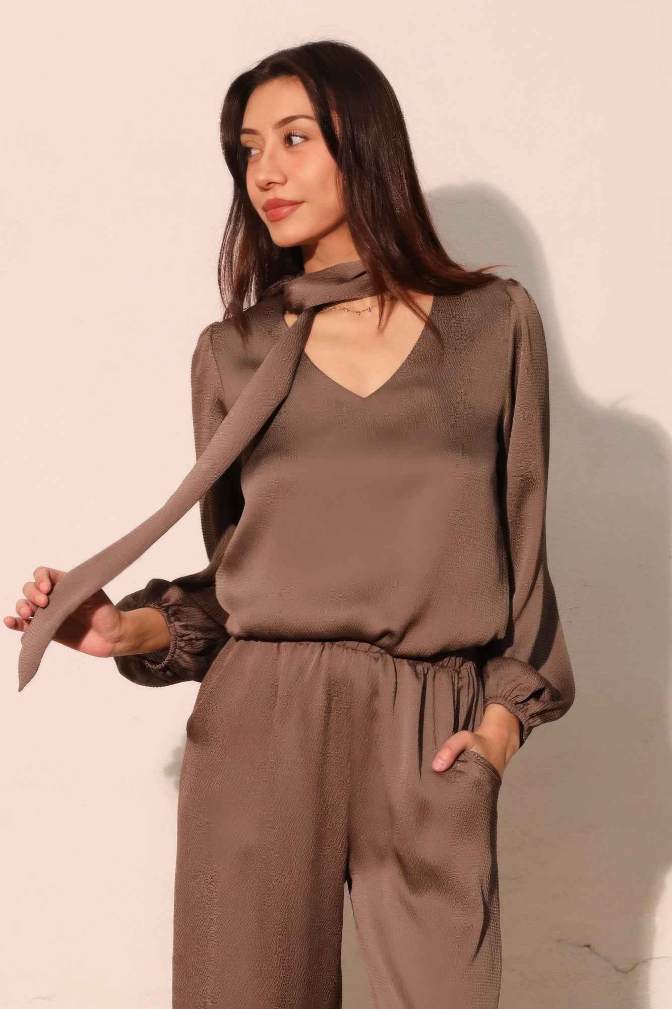 Hammered Satin Tie Neck Bubble Top