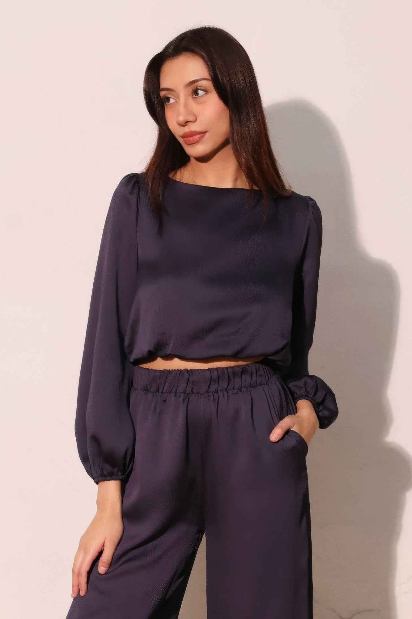 Hammered Satin Long Sleeve Crop Top