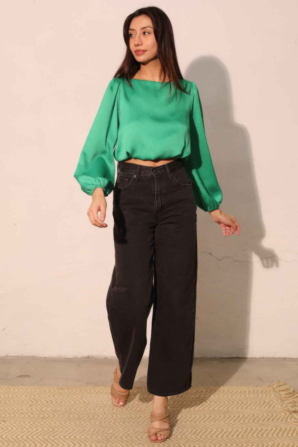 Hammered Satin Long Sleeve Crop Top