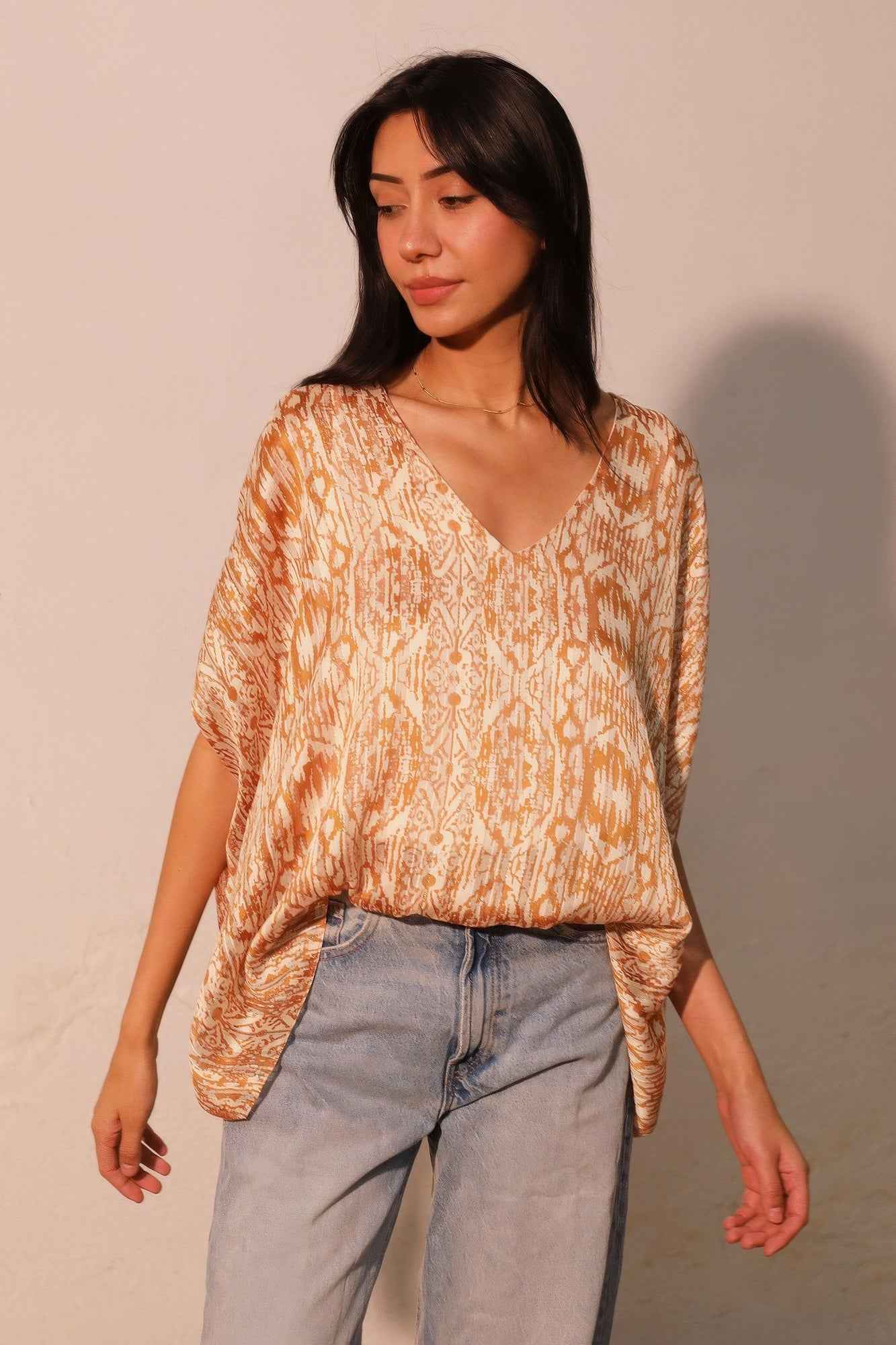 Bohemian Lurex Chiffon Caftan Top With Back Band