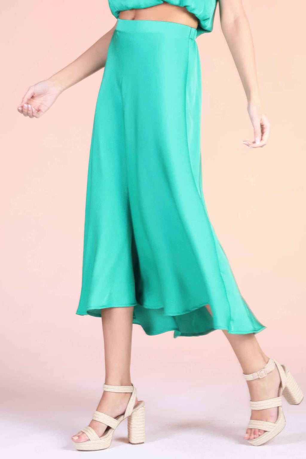 Washed Poly Silk Midi Swing Skirt