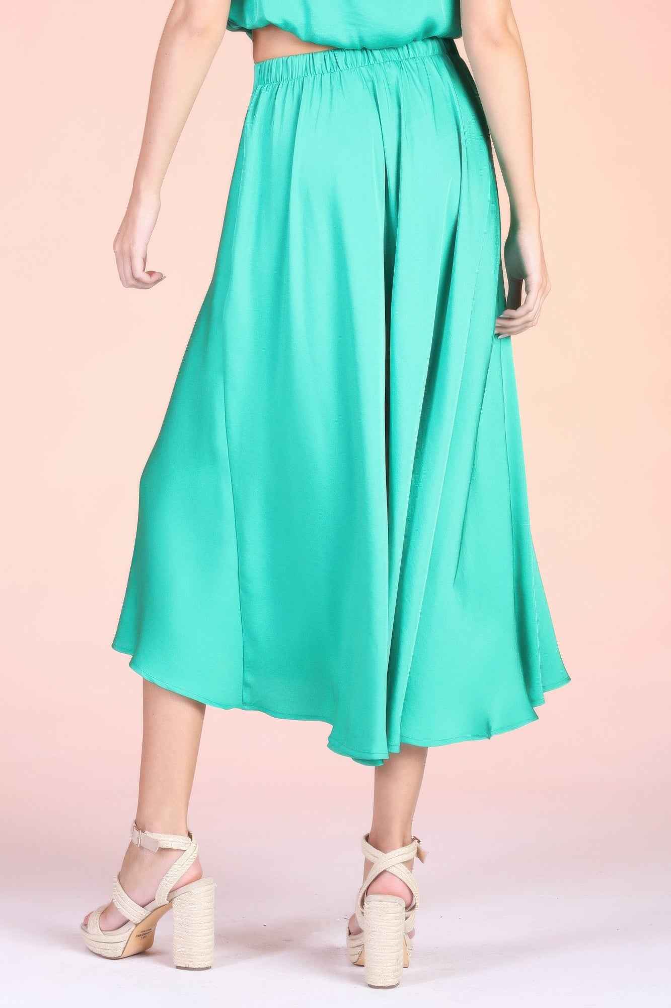 Washed Poly Silk Midi Swing Skirt