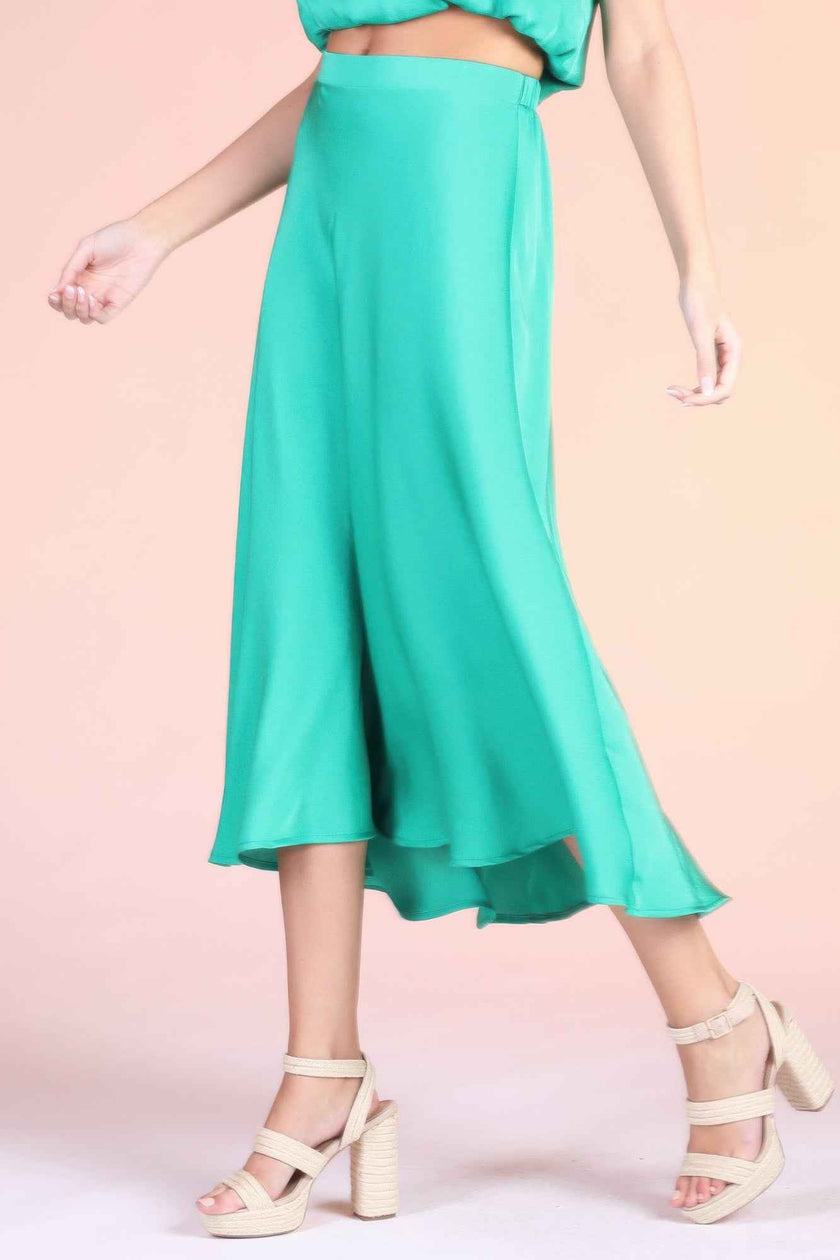 Washed Poly Silk Midi Swing Skirt