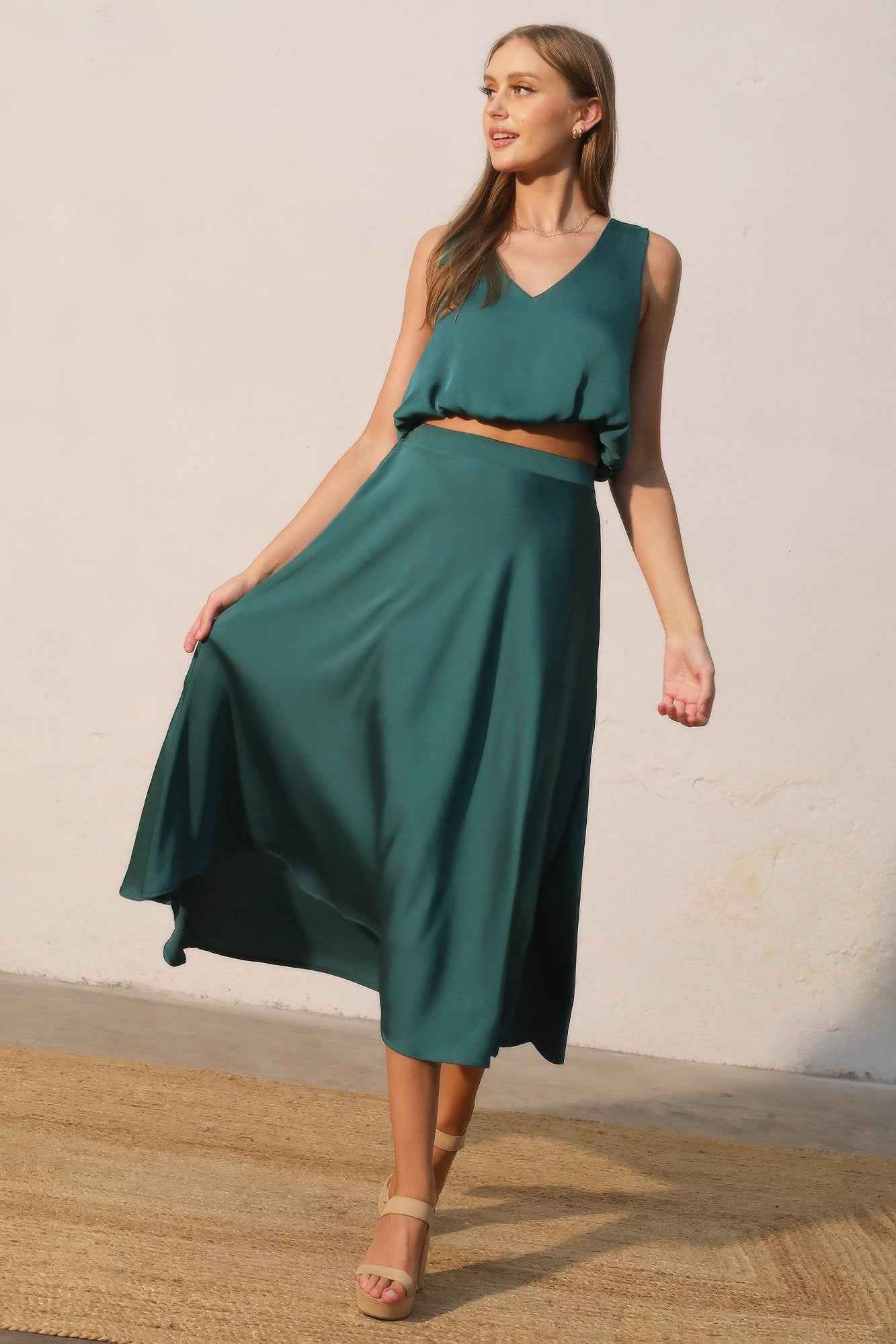 Washed Poly Silk Midi Swing Skirt