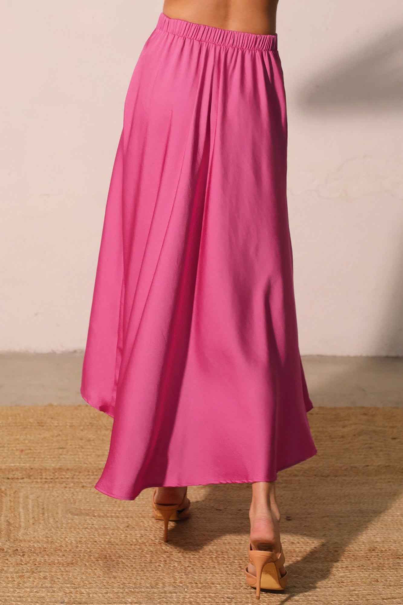 Washed Poly Silk Midi Swing Skirt