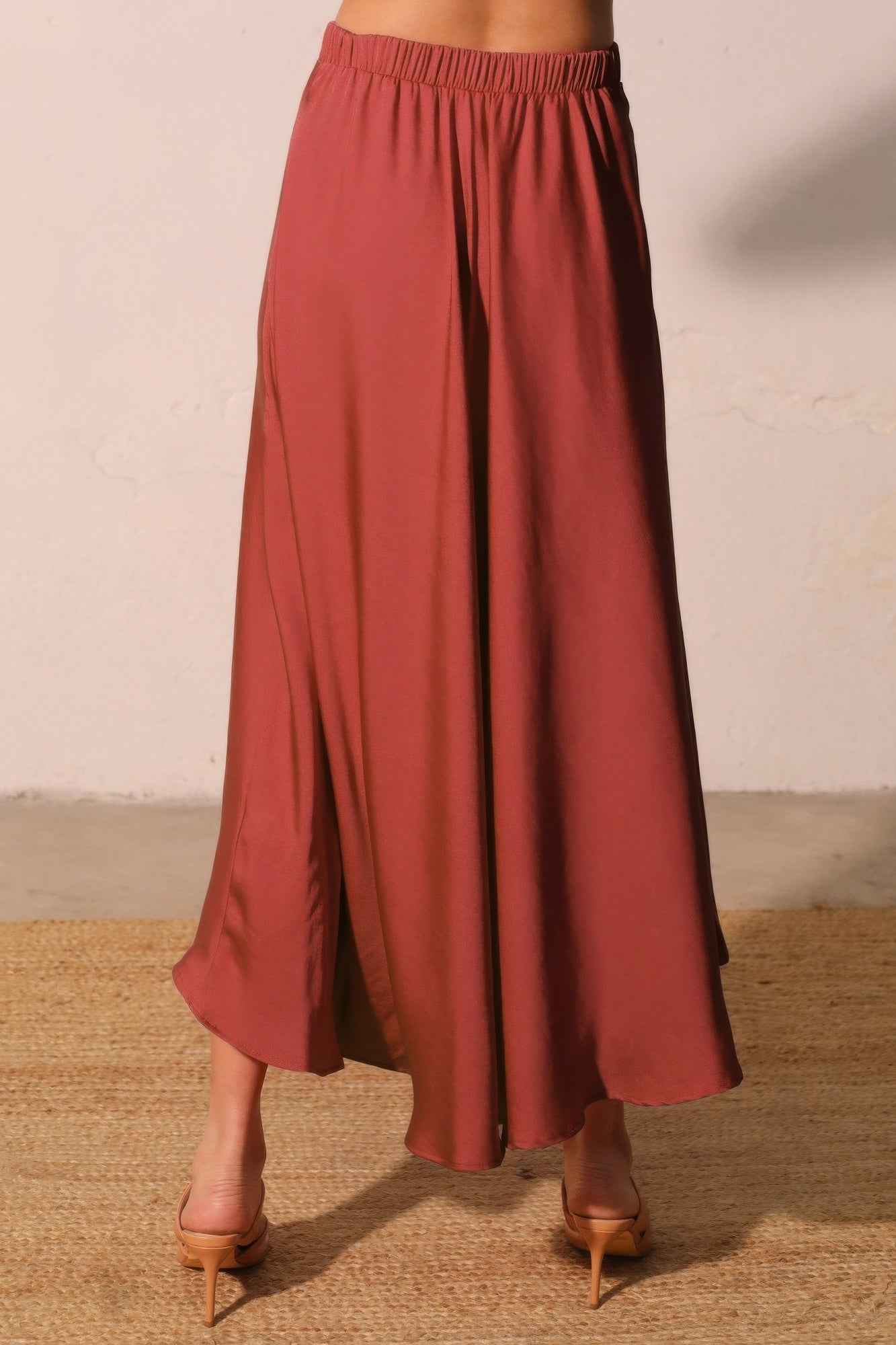 Washed Poly Silk Midi Swing Skirt