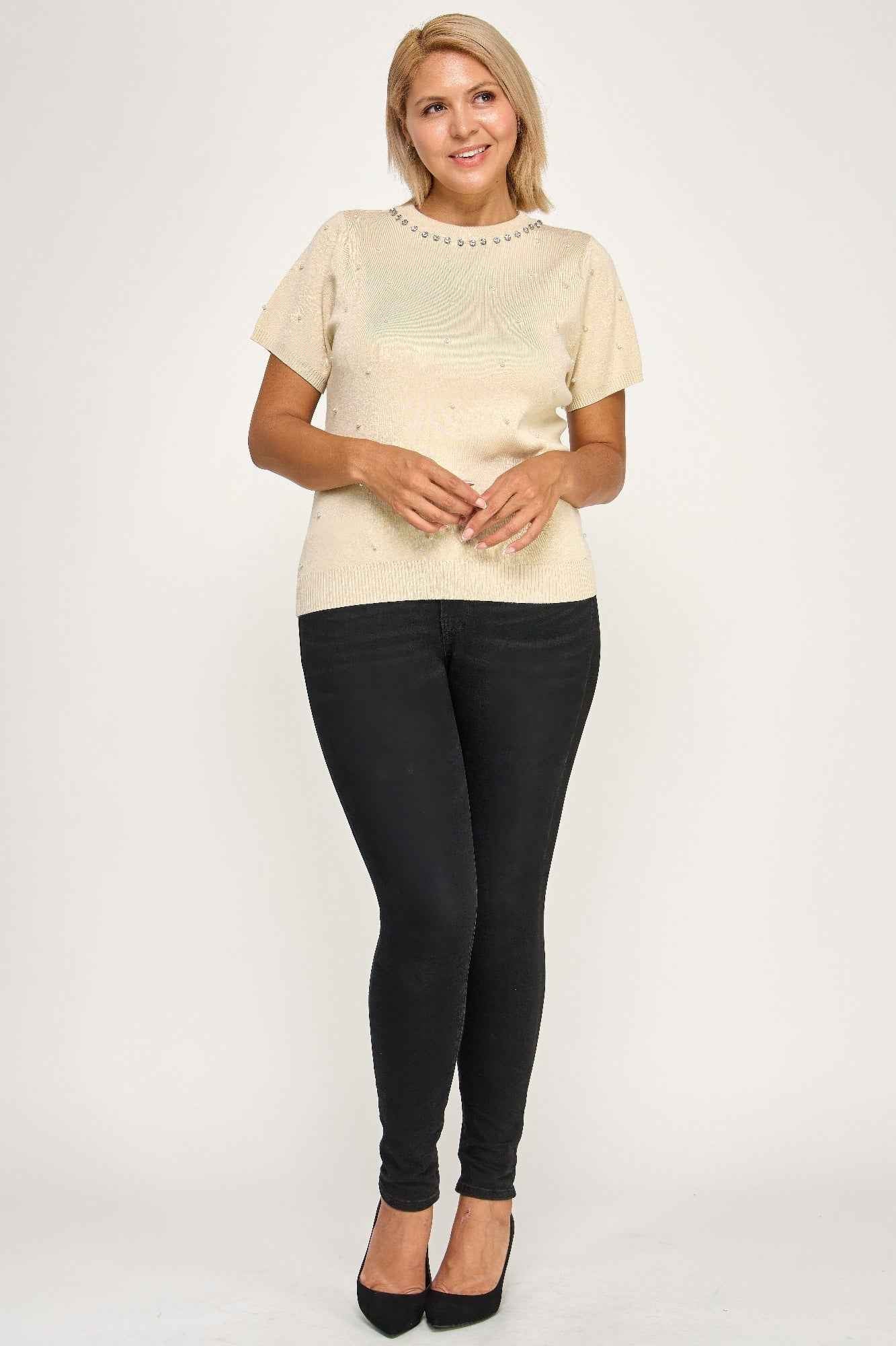 Plus Size Pearl & Rhinestone Knit Sweater Top