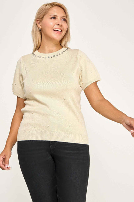 Plus Size Pearl & Rhinestone Knit Sweater Top