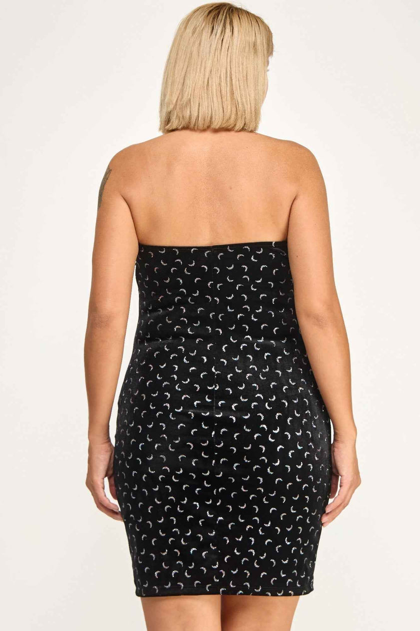 Plus Velvet Strapless Dress W/ Metal Crescent Det