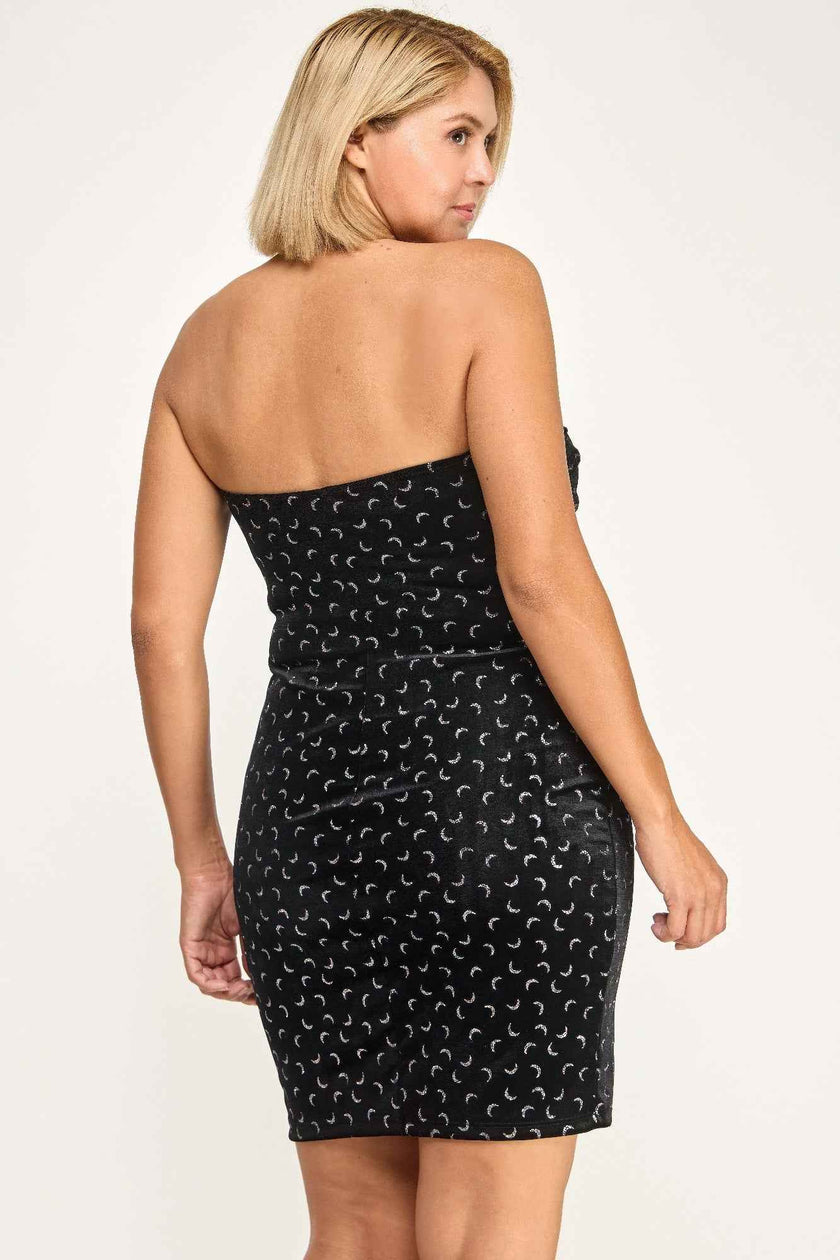 Plus Velvet Strapless Dress W/ Metal Crescent Det