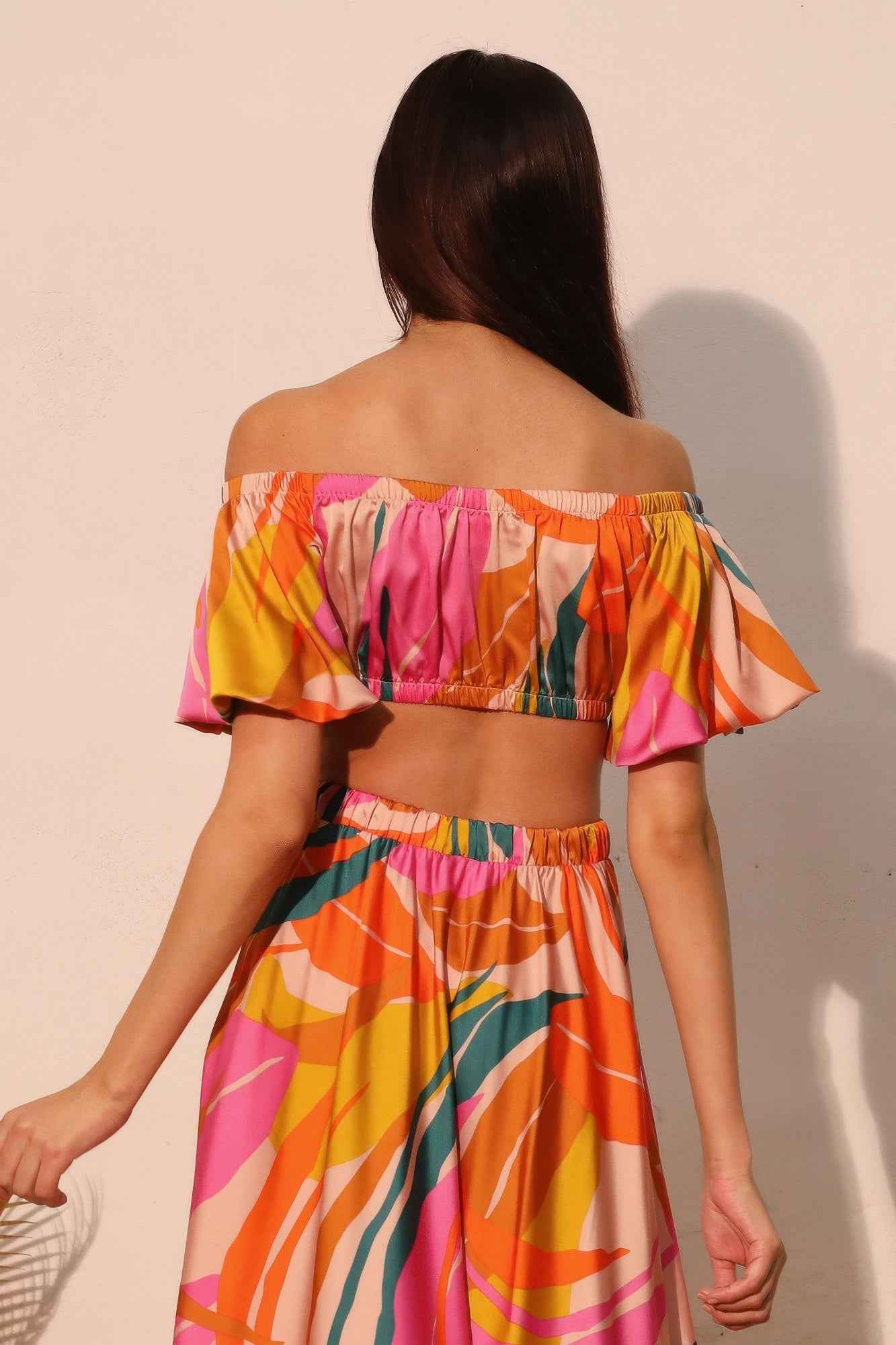 Isla Tropical Satin Bubble Sleeve Crop Top