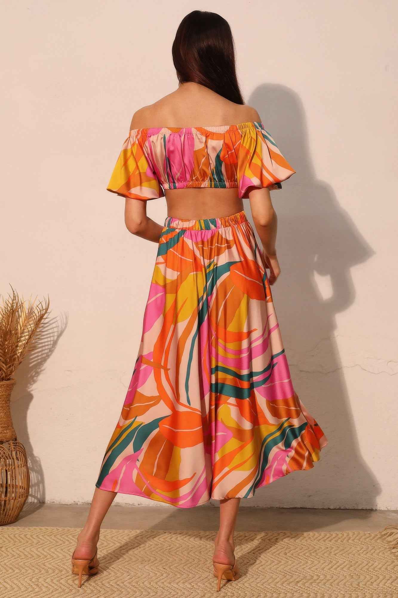 Isla Tropical Satin Bubble Sleeve Crop Top