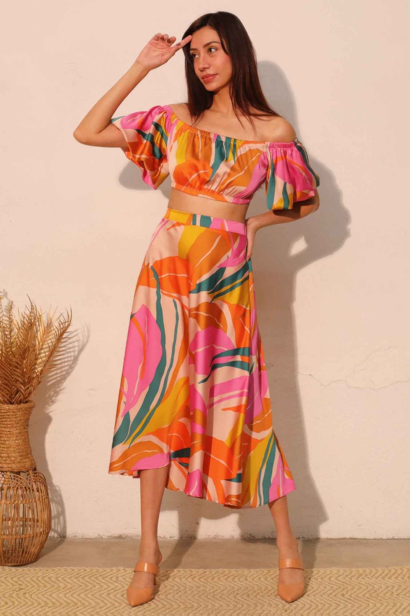 Isla Tropical Satin Bubble Sleeve Crop Top