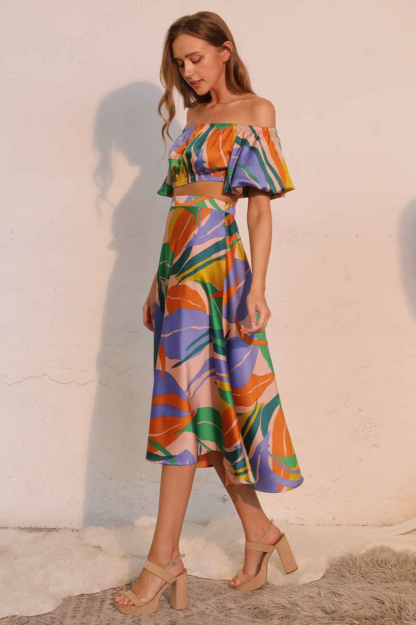 Isla Tropical Satin Bubble Sleeve Crop Top