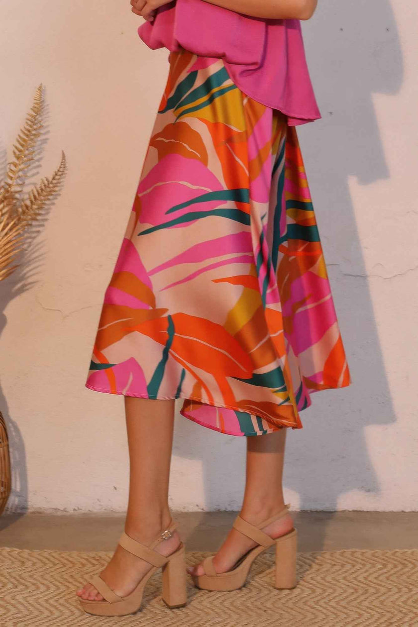 Isla Tropical Satin Midi Swing Skirt