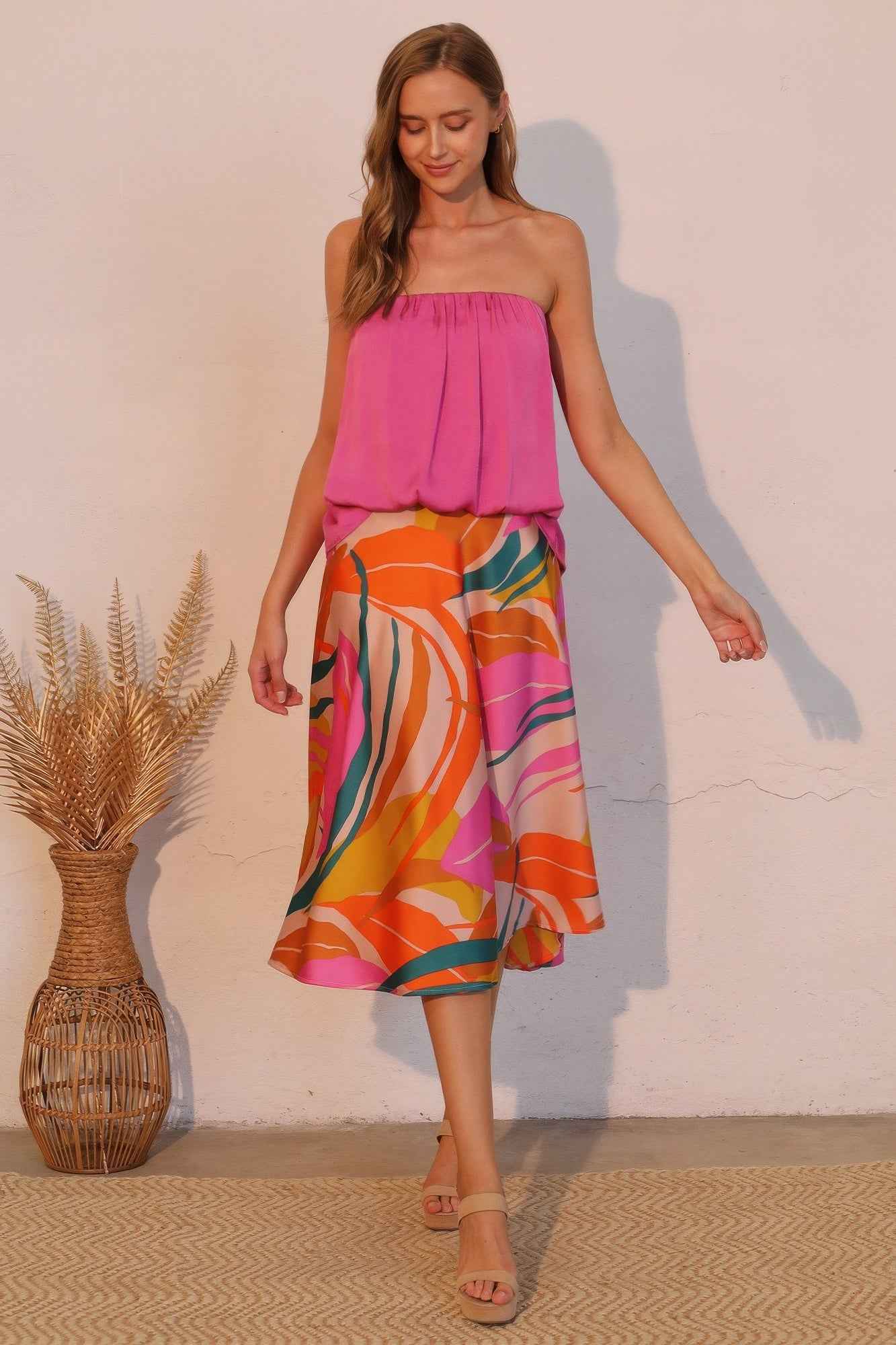 Isla Tropical Satin Midi Swing Skirt