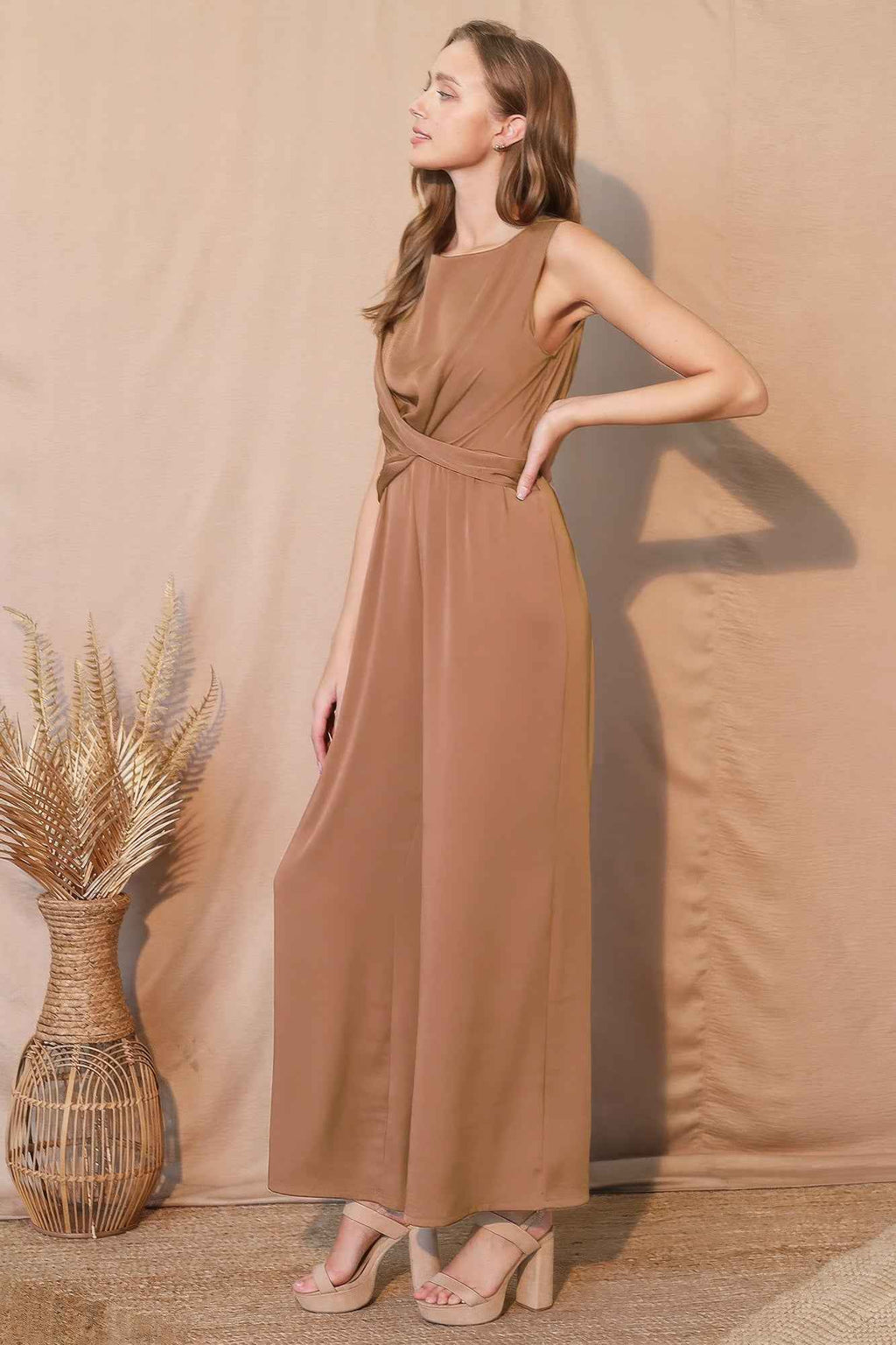 Washed Poly Silk Twist Front Jumpsuit