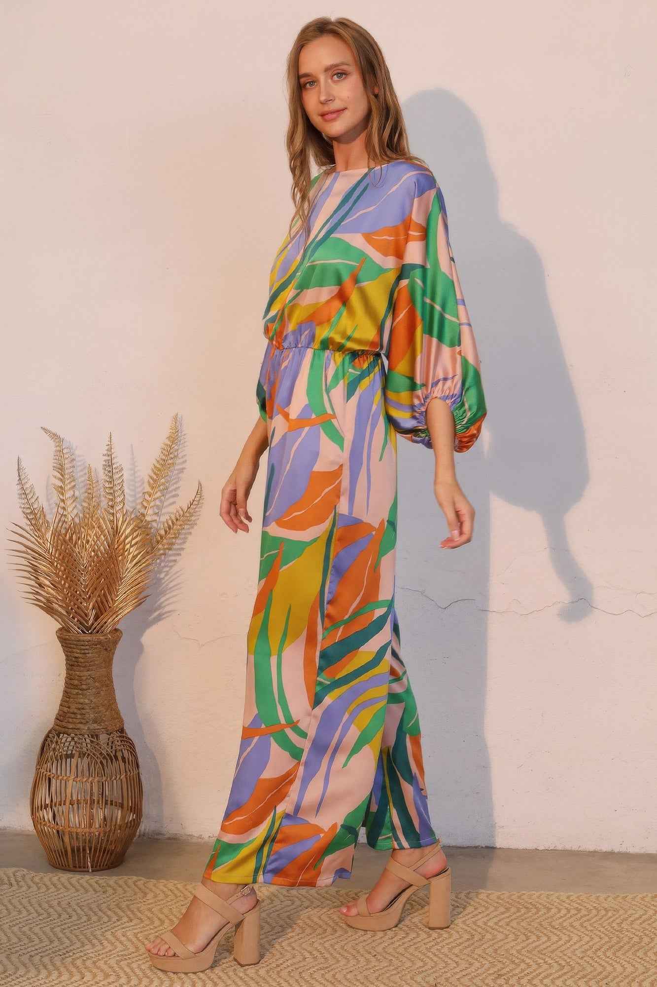 Isla Tropical Satin Boat Neck Blouson Jumpsuit