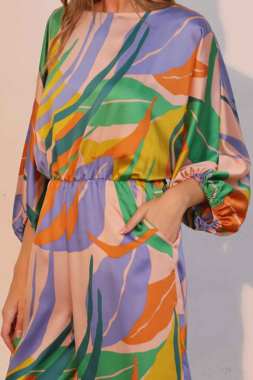 Isla Tropical Satin Boat Neck Blouson Jumpsuit
