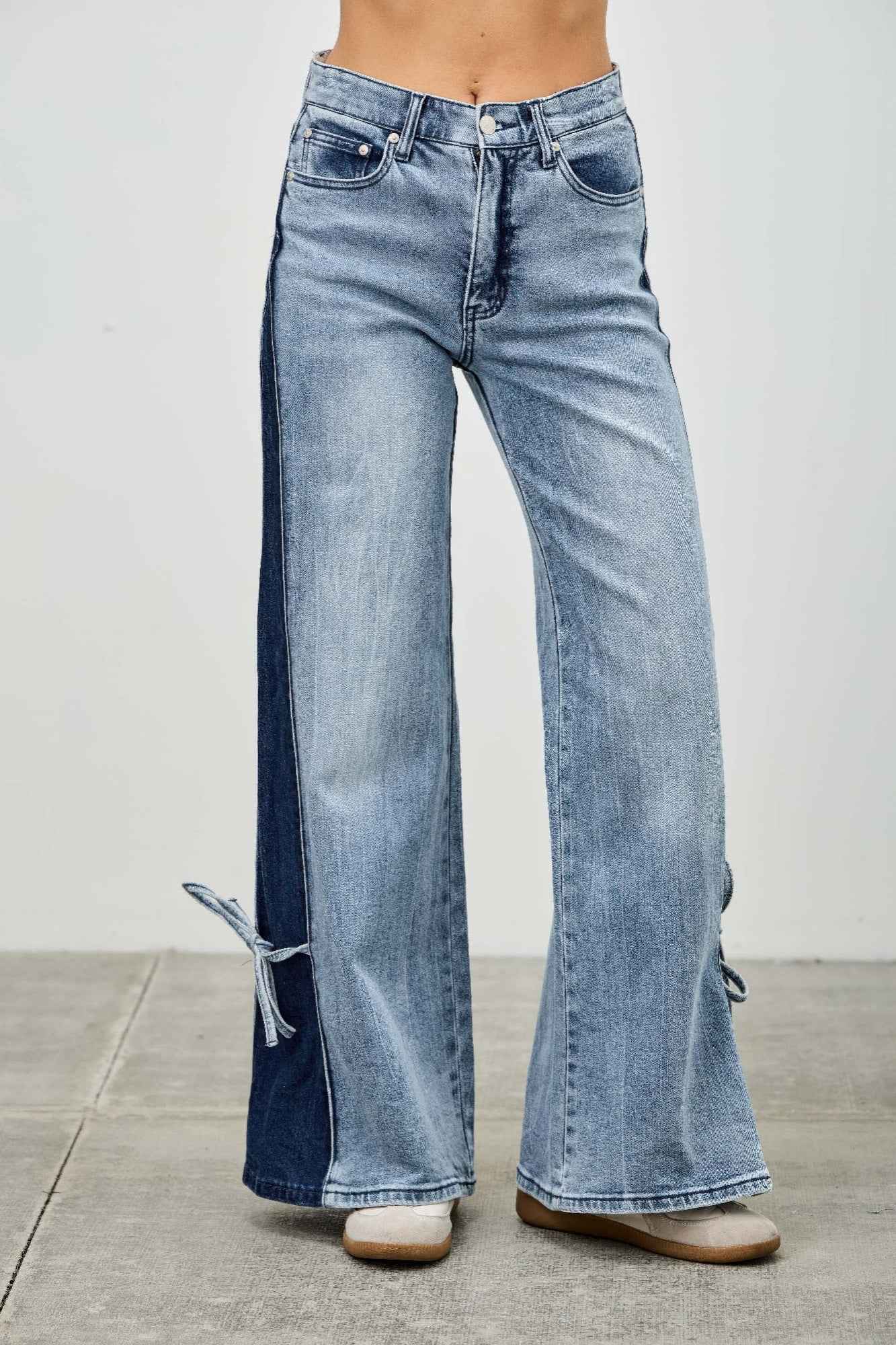 Mid Rise Contrast Wide Leg With Tie