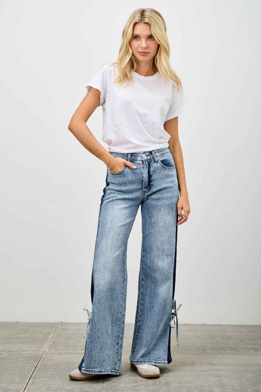 Mid Rise Contrast Wide Leg With Tie