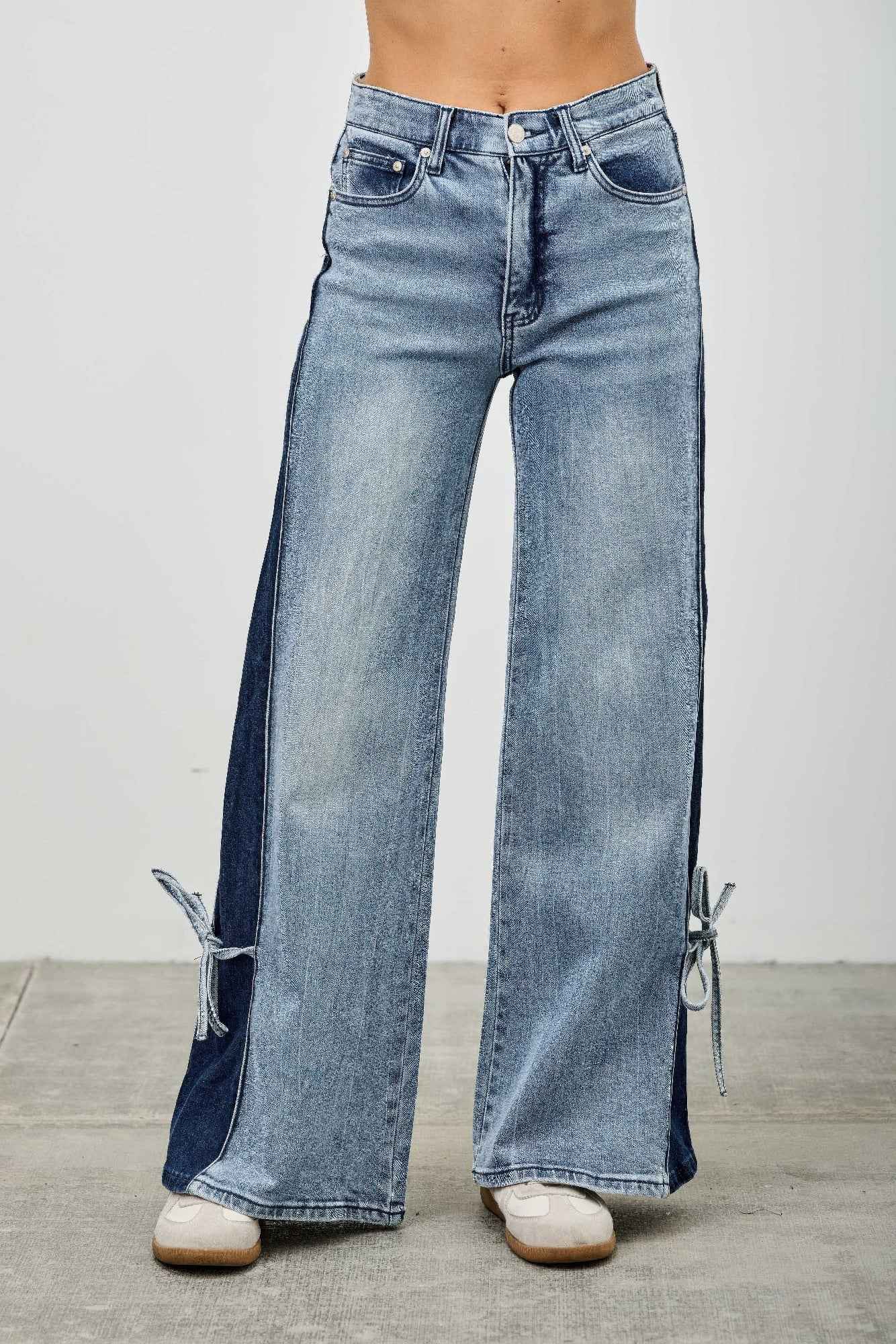 Mid Rise Contrast Wide Leg With Tie