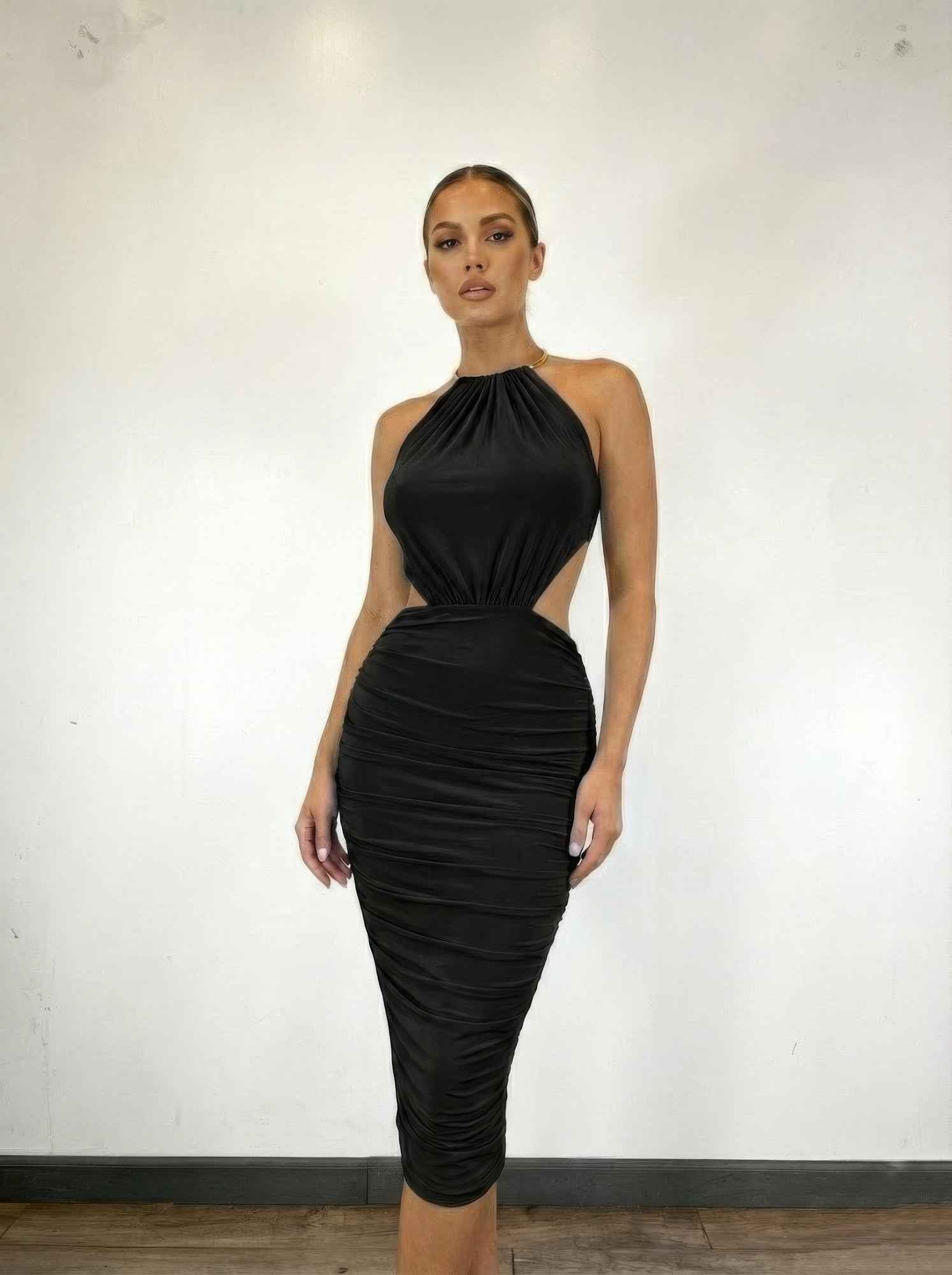 Bodycon Midi Dress, Gold Tone Is Visible At Neck